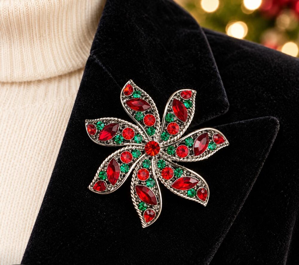 Cookie Lee Crystal Brooch Red Green Starburst Pin NWT Holiday Christmas Y2K